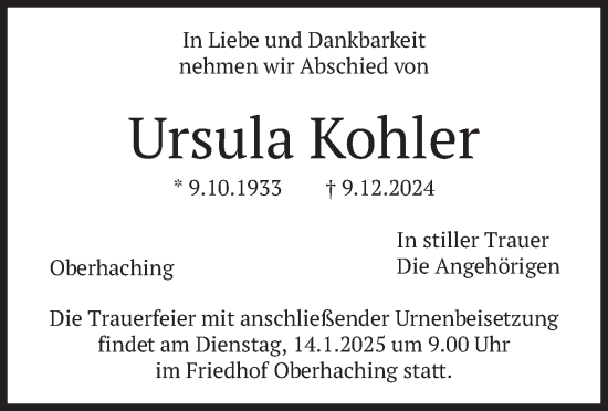 Traueranzeige von Ursula Kohler von merkurtz