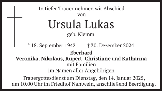 Traueranzeige von Ursula Lukas von merkurtz