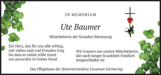 Traueranzeige von Ute Baumer von merkurtz