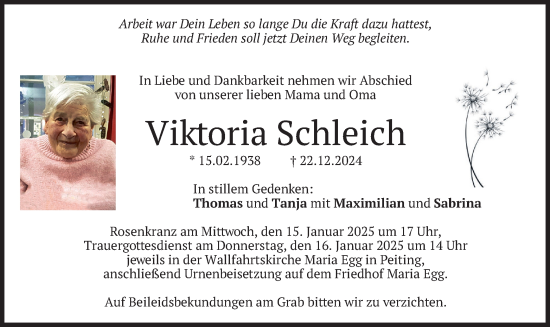 Traueranzeige von Viktoria Schleich von merkurtz