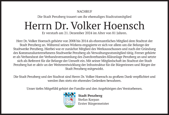 Traueranzeige von Volker Hoensch von merkurtz