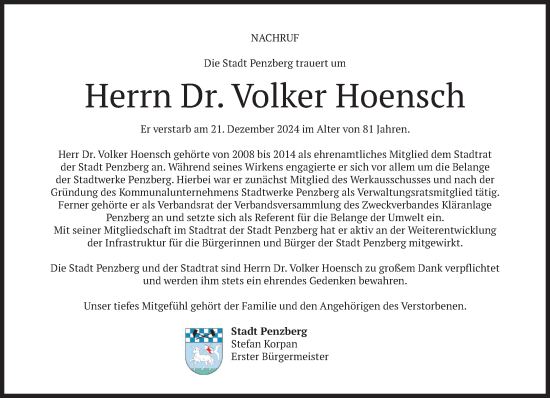 Traueranzeige von Volker Hoensch von Das Gelbe Blatt Penzberg