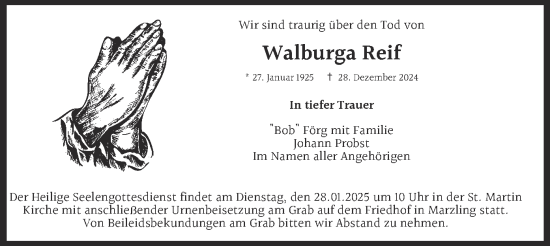 Traueranzeige von Walburga Reif von merkurtz