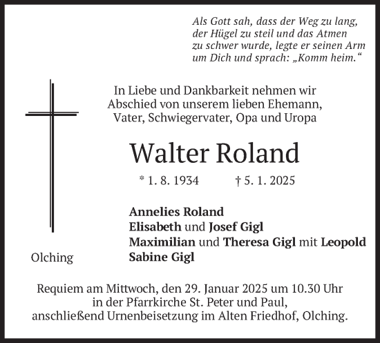 Traueranzeige von Walter Roland von merkurtz