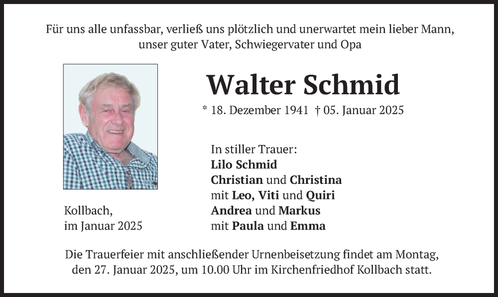  Traueranzeige für Walter Schmid vom 23.01.2025 aus merkurtz