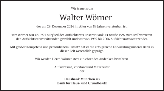 Traueranzeige von Walter Wörner von merkurtz