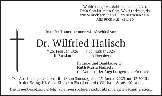 Traueranzeige von Wilfried Halisch von merkurtz