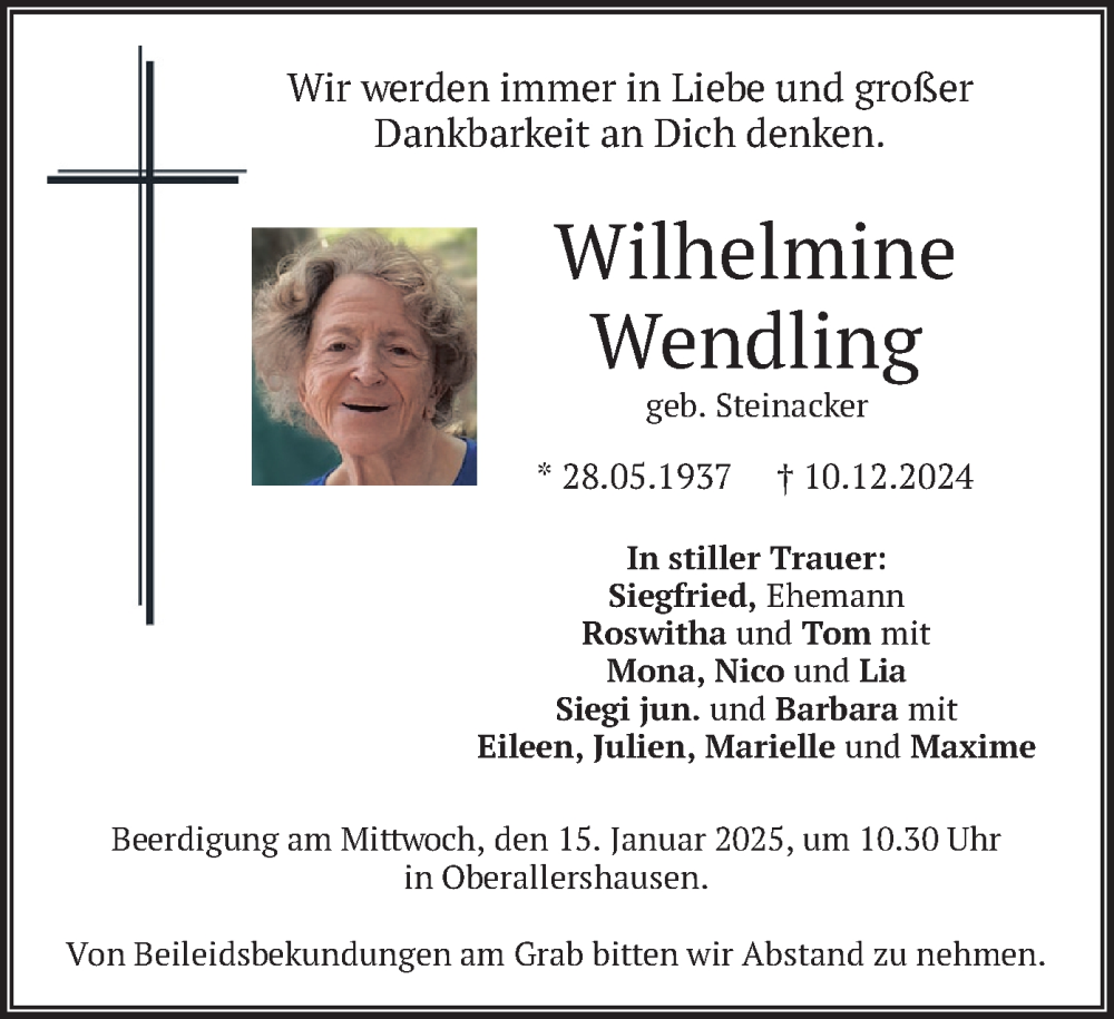  Traueranzeige für Wilhelmine Wendling vom 04.01.2025 aus merkurtz