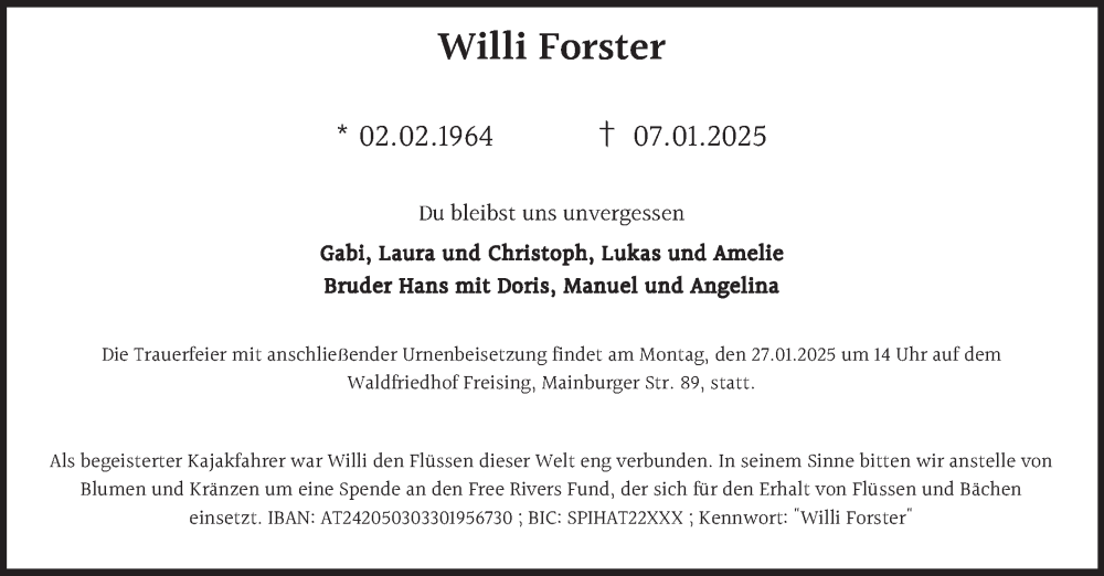  Traueranzeige für Willi Forster vom 25.01.2025 aus merkurtz