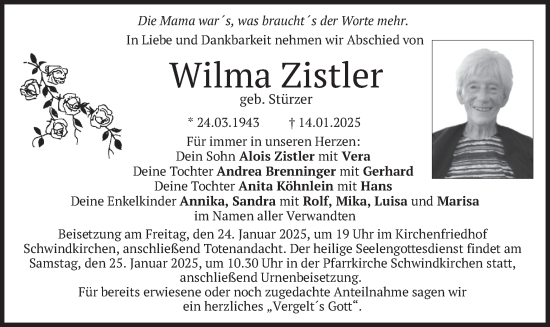 Traueranzeige von Wilma Zistler von merkurtz