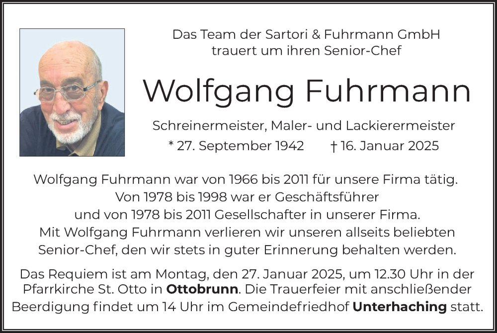  Traueranzeige für Wolfgang Fuhrmann vom 25.01.2025 aus merkurtz