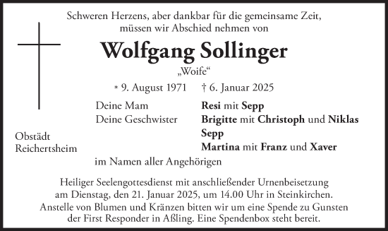 Traueranzeige von Wolfgang Sollinger von merkurtz