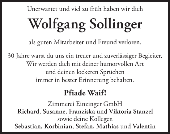 Traueranzeige von Wolfgang Sollinger von merkurtz