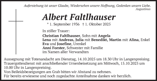Traueranzeige von Albert Faltlhauser von merkurtz