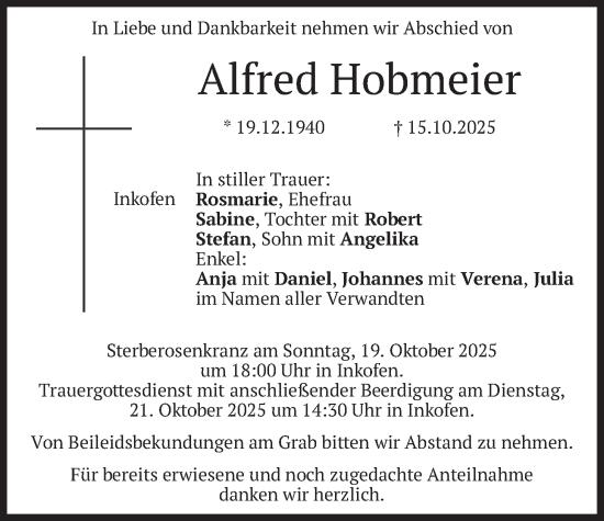 Traueranzeige von Alfred Hobmeier von merkurtz