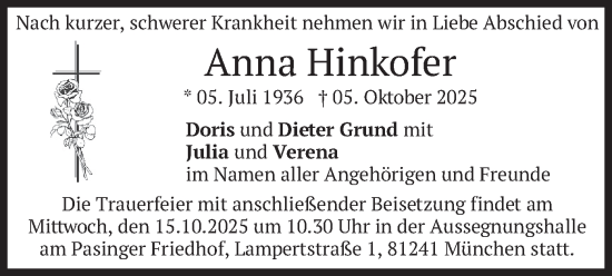 Traueranzeige von Anna Hinkofer von merkurtz