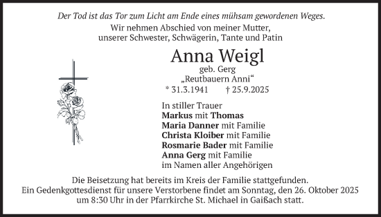 Traueranzeige von Anna Weigl von merkurtz