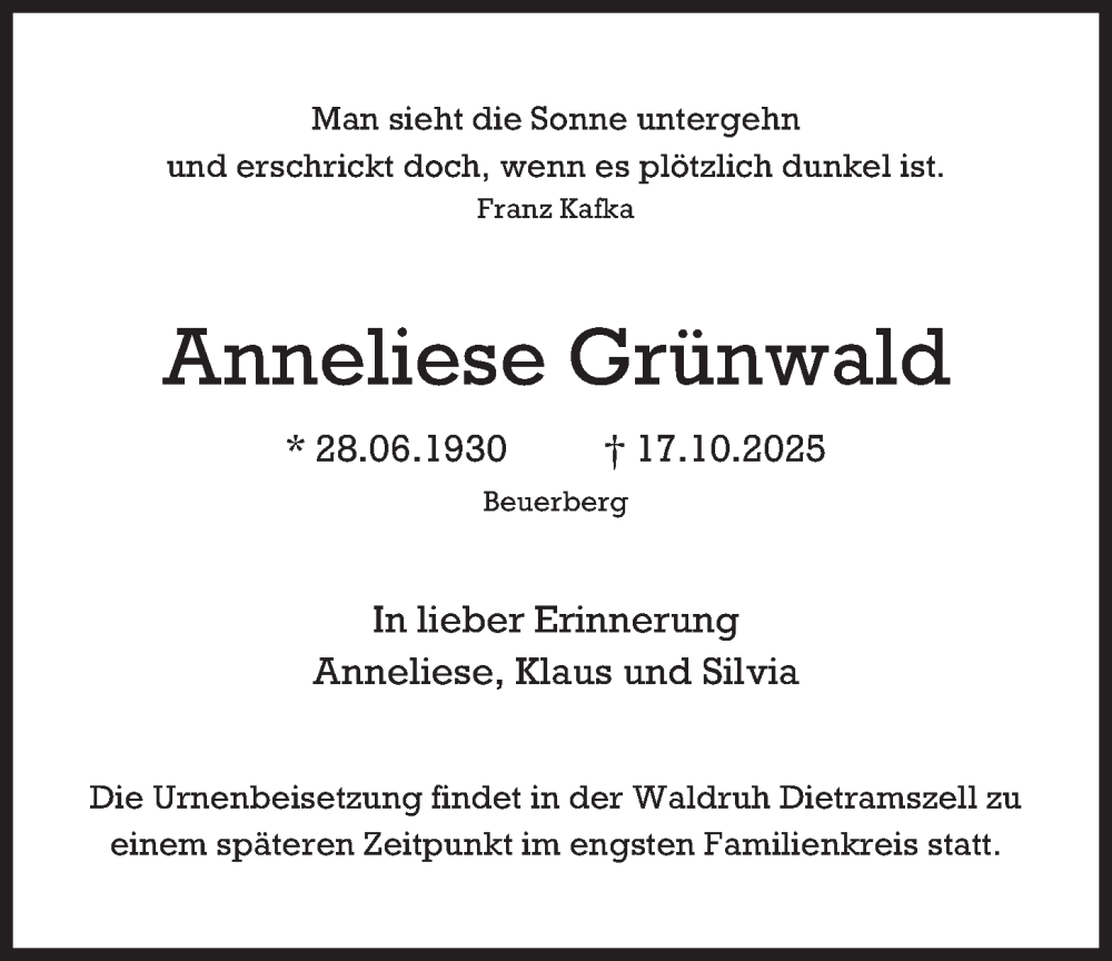  Traueranzeige für Anneliese Grünwald vom 25.10.2025 aus merkurtz