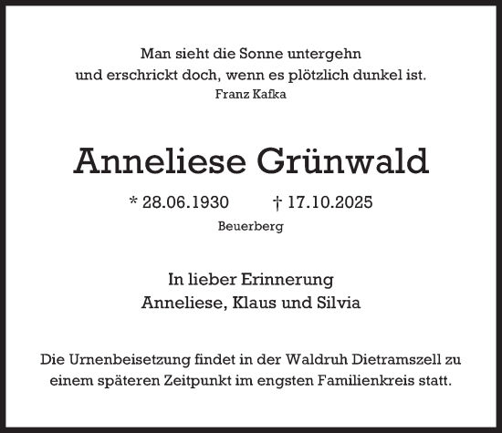 Traueranzeige von Anneliese Grünwald von merkurtz