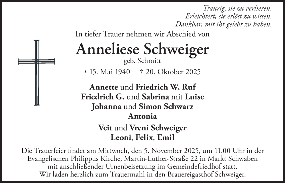  Traueranzeige für Anneliese Schweiger vom 31.10.2025 aus merkurtz