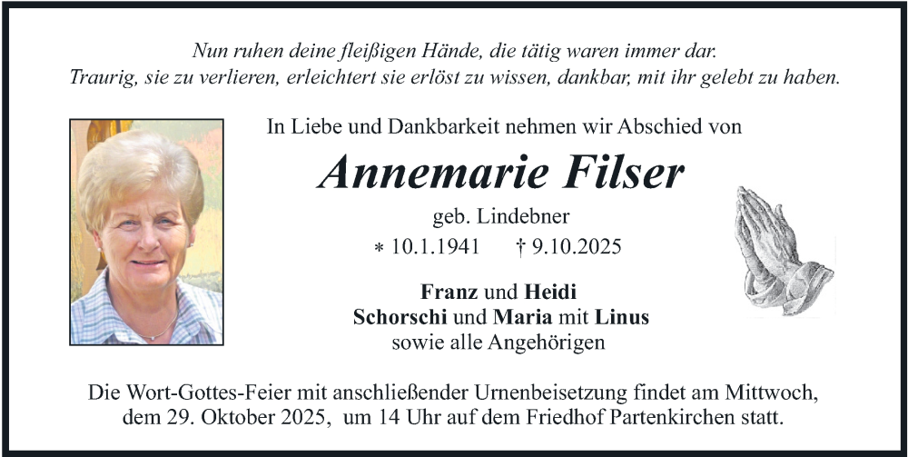  Traueranzeige für Annemarie Filser vom 25.10.2025 aus merkurtz