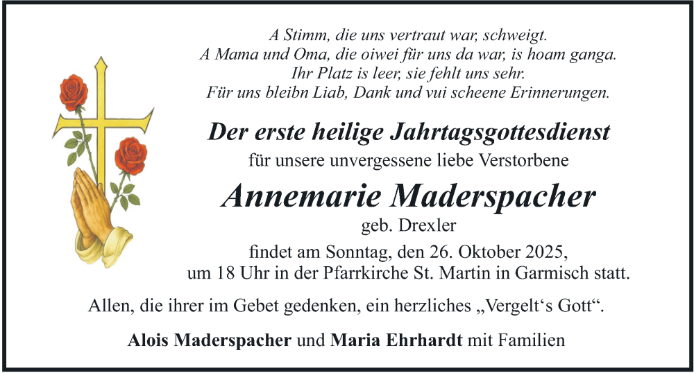  Traueranzeige für Annemarie Maderspacher vom 22.10.2025 aus merkurtz