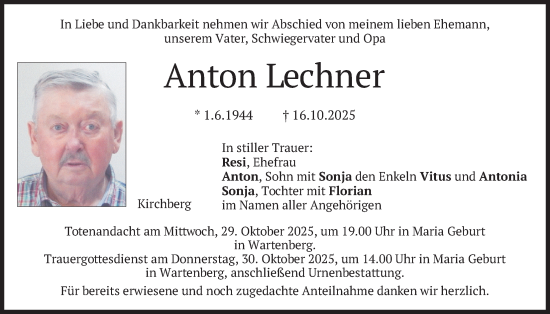 Traueranzeige von Anton Lechner von merkurtz