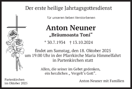 Traueranzeige von Anton Neuner von merkurtz