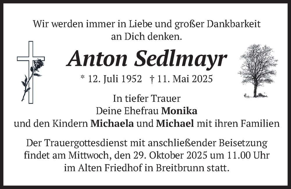 Traueranzeige für Anton Sedlmayr vom 25.10.2025 aus merkurtz