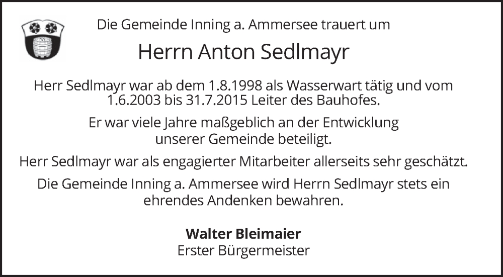  Traueranzeige für Anton Sedlmayr vom 25.10.2025 aus merkurtz
