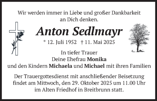 Traueranzeige von Anton Sedlmayr von merkurtz