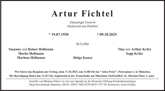Traueranzeige von Artur Fichtel von merkurtz