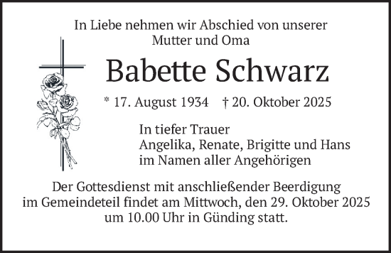Traueranzeige von Babette Schwarz von merkurtz