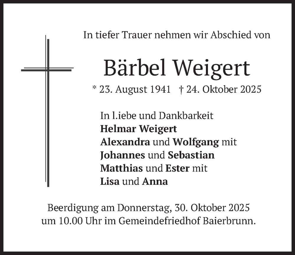  Traueranzeige für Bärbel Weigert vom 28.10.2025 aus merkurtz