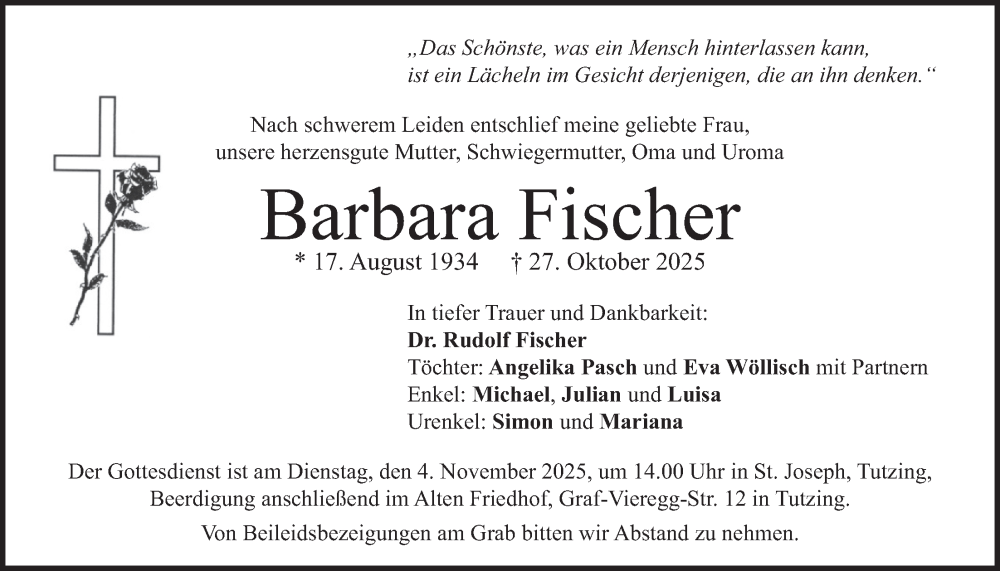 Traueranzeige für Barbara Fischer vom 30.10.2025 aus merkurtz