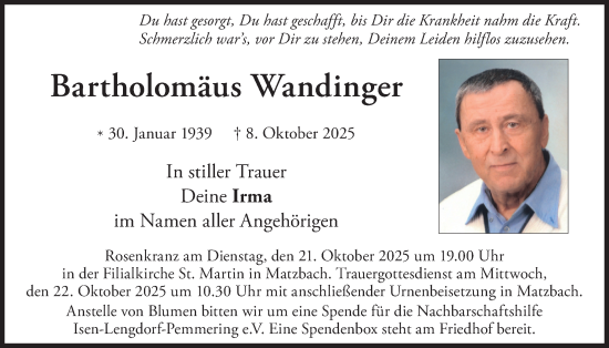 Traueranzeige von BArtholomäus Wandinger von merkurtz