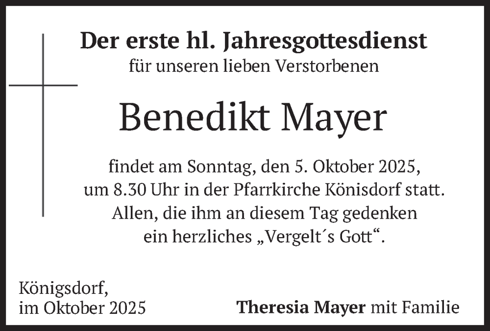  Traueranzeige für Benedikt Mayer vom 04.10.2025 aus merkurtz