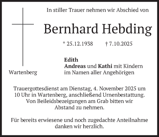 Traueranzeige von Bernhard Hebding von merkurtz
