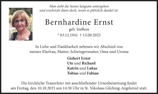 Traueranzeige von Bernhardine Ernst von merkurtz