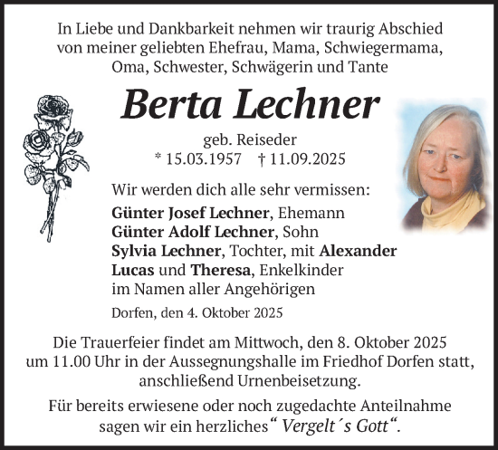 Traueranzeige von Berta Lechner von merkurtz