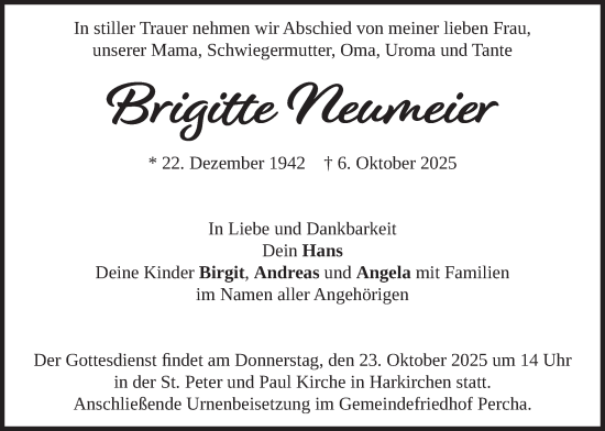 Traueranzeige von Brigitte Neumeier von merkurtz