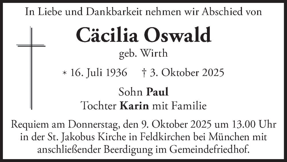  Traueranzeige für Cäcilia Oswald vom 07.10.2025 aus merkurtz