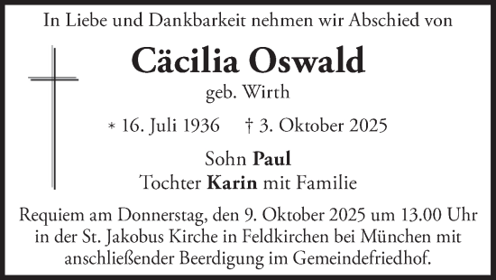 Traueranzeige von Cäcilia Oswald von merkurtz