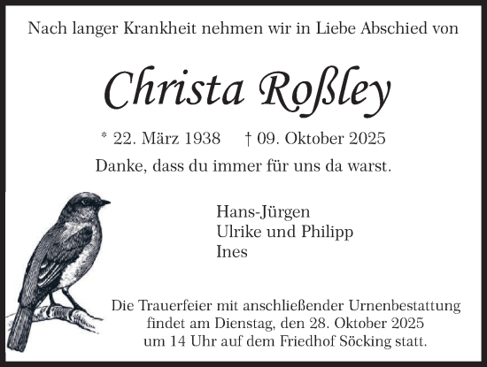 Traueranzeige von Christa Roßley von merkurtz