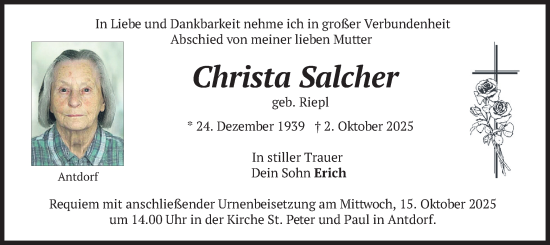 Traueranzeige von Christa Salcher von merkurtz