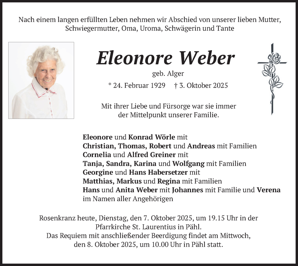  Traueranzeige für Eleonore Weber vom 07.10.2025 aus merkurtz
