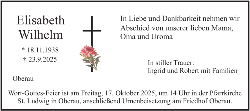  Traueranzeige für Elisabeth Wilhelm vom 11.10.2025 aus merkurtz