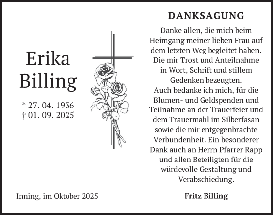 Traueranzeige von Erika Billing von merkurtz