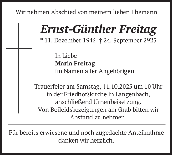 Traueranzeige von Ernst-Günther Freitag von merkurtz