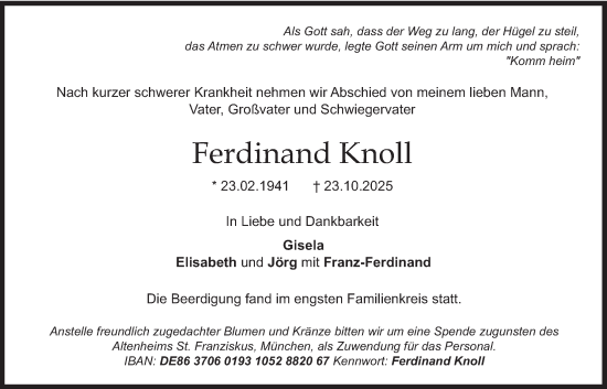 Traueranzeige von Ferdinand Knoll von merkurtz